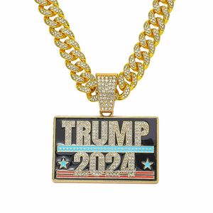Creative Trump 2024 Full Diamond Fashion Personnalité pendentif Collier de chaîne cubaine 0509