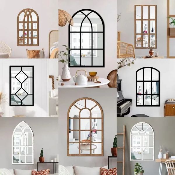 Espejo de pared creativo, espejo de ventana de Metal para sala de estar, dormitorio, entrada, estilo moderno, decoración de pared negra para el hogar, 240127