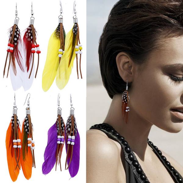 Pendientes de araña colgantes con forma de alas creativas, borla con cuentas de moda, decoración de plumas falsas, pendientes de gota, accesorios de joyería