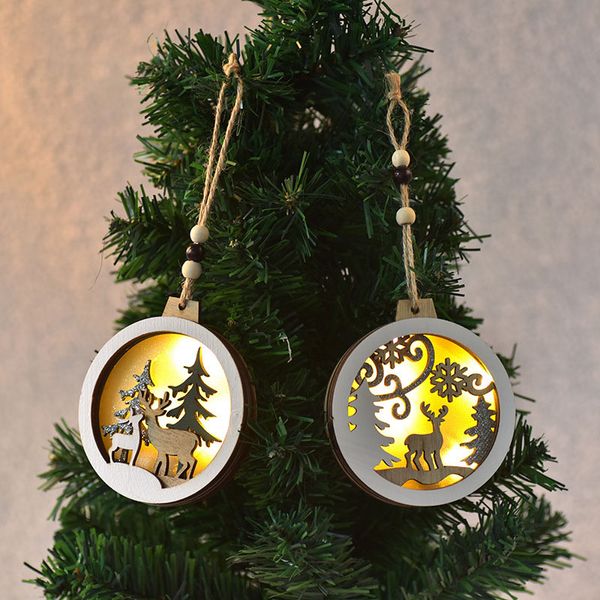 Árbol de Navidad de madera creativo, iluminación de alce, colgante con botón, batería, colgantes redondos DIY, decoraciones navideñas de Ramadán