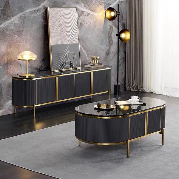 Table de thé en bois créatif armoire de rangement ovale en marbre noir meubles salon de salon