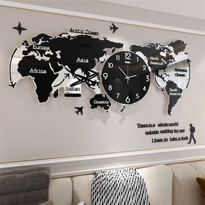 Mapa del mundo creativo Reloj de pared grande Acrílico moderno Relojes 3D Pared Decoración para el hogar Sala de estar Reloj de pared silencioso Mecanismo Saat FZ592 201125