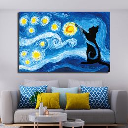 Creativiteitskat in sterrenheme nacht canvas olieverfschildering abstract sterrenhemel sky posters en prints muur art voor woonkamer thuisdecoratie