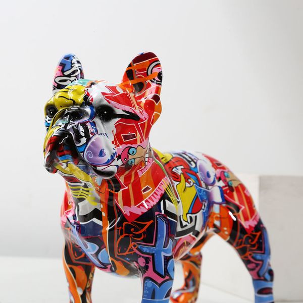 Creatividad Arte moderno Colorido Estatua de Bulldog Francés Venta al por mayor Graffiti Adornos de oficina Impresión Resina Perro Decoración para el hogar Artesanía 221126