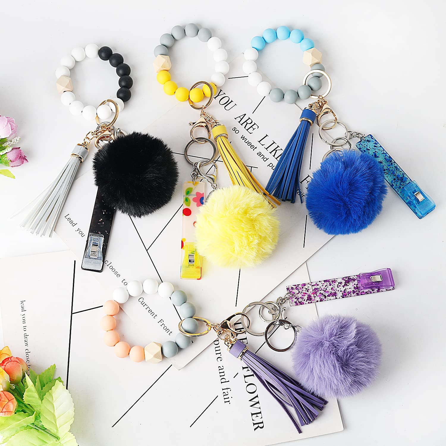 Credit Card Puller Card Grabber Card Clips for Long Nails ATM Keychain Faux Rabbit Fur Ball Keychain for Girls Women