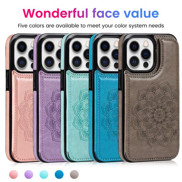 Cajas de cuero con ranura para tarjeta de crédito para iPhone 13 12 11 PRO MAX XR XSMAX 678 SE2 Datura PU Flip Cover Wallet Case Suitablt para S22 S21 S20 Note 20