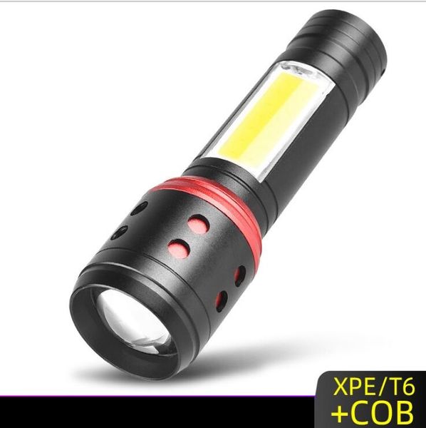 Lampe torche T6 USB COB Lampe torche à zoom réglable avec batterie 18650 Flash Light Lampes de poche tactiques de chasse portables Lampes de poche rechargeables