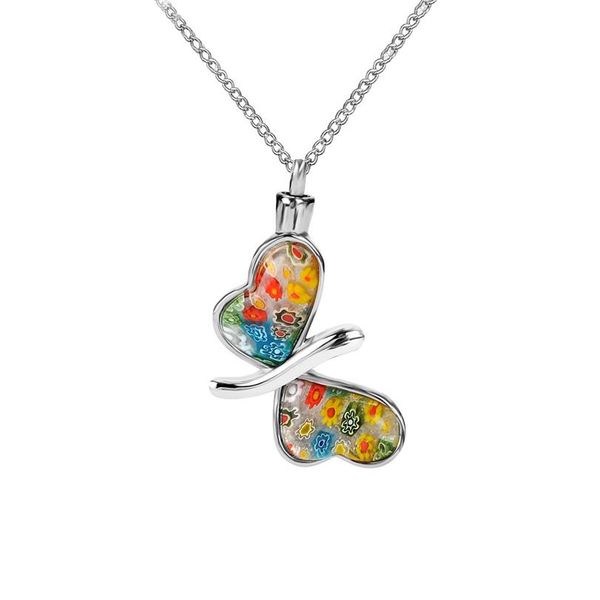 Bijoux de crémation en verre arc-en-ciel fleur papillon urne pendentif souvenir souvenir collier de cendres en acier inoxydable avec sac cadeau et Fun264U