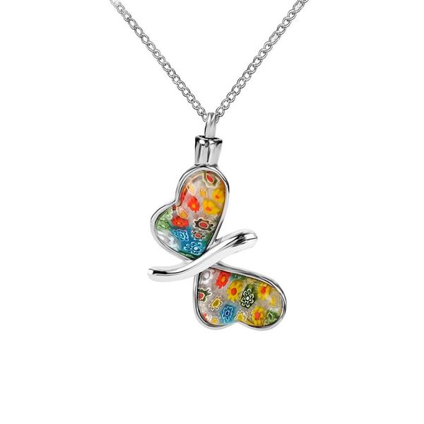 Bijoux de crémation en verre arc-en-ciel fleur papillon urne pendentif mémorial souvenir cendres collier en acier inoxydable avec sac cadeau et Fun2662