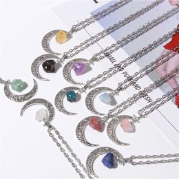 Breloques croissant de lune, pierre de guérison Reiki brute, pendentif en cristal, chaîne à maillons à Quartz, bijoux pour femmes