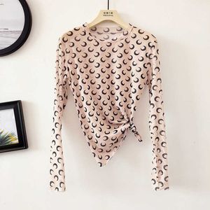 Croissant de lune broderie évider maille tissu col rond manches longues femmes chemise nouveauté été Highstreet Sexy hauts X0628