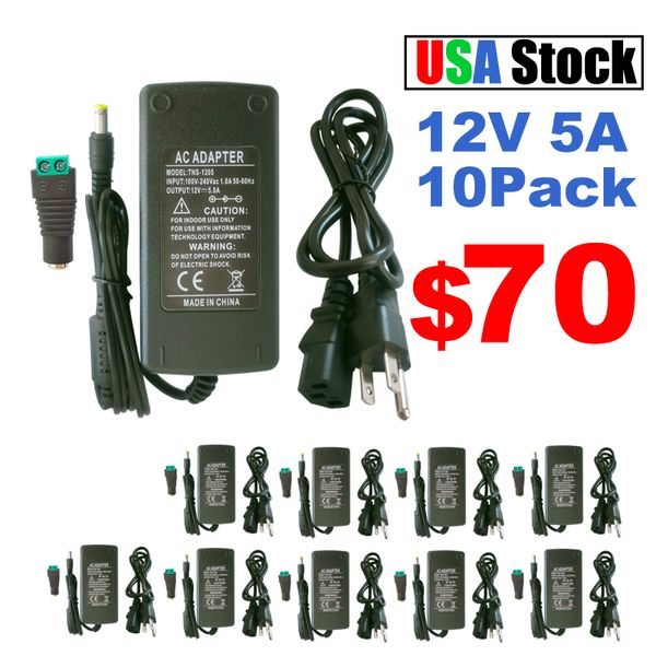 Adaptador de fuente de alimentación DC12V 5A Transformadores de iluminación 50 / 60HZ Enchufe de EE. UU. Cable de alimentación de 6.2FT AC 100-240V Conector de conmutación 5.5mm x 2.5mm para cámaras de impresora 3D CCTV crestech888