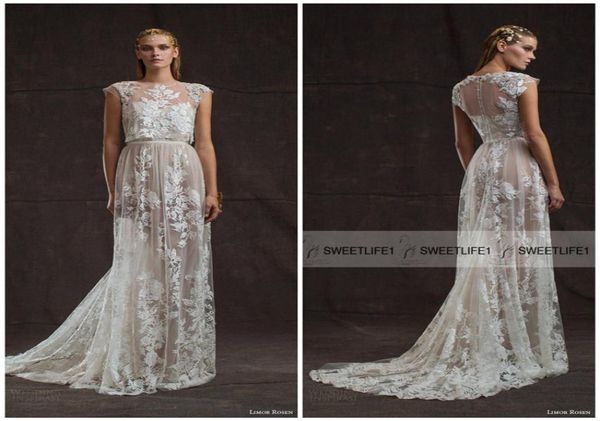 Cuerpo de la tripulación Elegante encaje Limor Rosen Vestidos de novia de la cubierta Mangas de la gorra Vestidos de novia Dos piezas Apliques Vestidos de boda en el tren de la corte 2846928