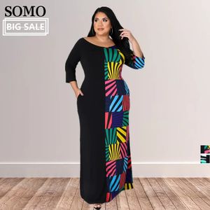 Vestidos maxi de talla grande con cuello redondo, vestido informal estampado a la moda con bolsillos, ropa de mujer, venta al por mayor, gota 240229