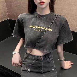 Crew Neck Women Tops Dames T -shirt Crop Top T -shirt T -shirt T -shirt Katoen Korte Mouw Letter Print Fashion Summer Pullover Female Black Rock