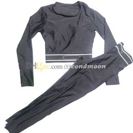 Yoga-outfit met ronde hals, dames trainingspak met lange mouwen, letters jacquard sporttops, elastische taille, yoga-legging