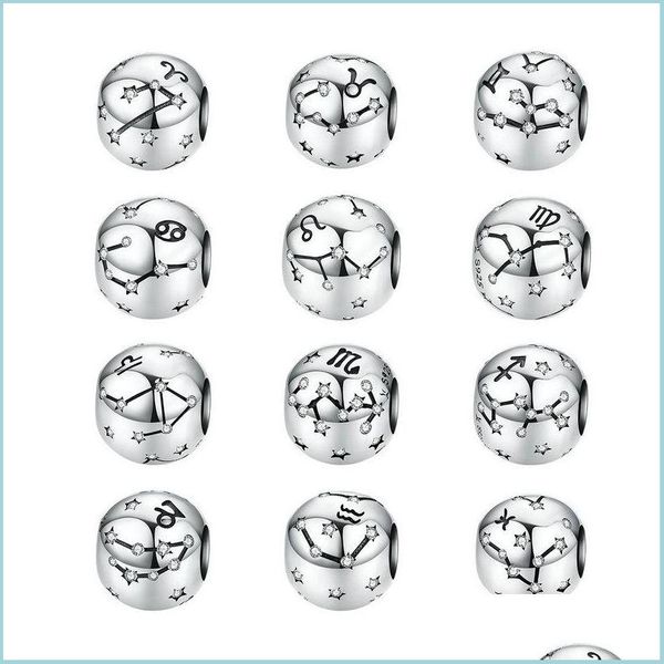 Perles à sertir véritable 925 Sterling Sier 12 Constellation Zodiac Perles Rondes Fit Original M Bracelet Charms Bijoux Drop Delivery 2 Dhucb