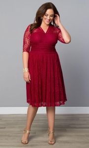 Crimson Fashion Plus Size Lace Evening Gowns Tea Length V-Neck Cocktail Party Bridesmaid With Sheer Sleeves Mother Dresses Special Occasion
