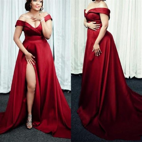 Crimson Sexy encolure dégagée longue robe 2022 épaule dénudée Satin fente latérale Simple personnalisable grande taille robe de soirée de bal262G