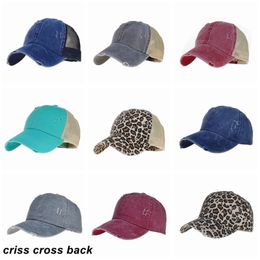 Criss Cross Back Ponytail Hat Ponytail Casquette de baseball Lavé en détresse Messy Bun Ponycaps Trucker Hats