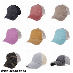 Criss Cross Queue De Cheval Chapeau Maille Dos Queue De Cheval Casquette De Baseball 10 Couleurs Lavé En Détresse Chignon Désordre Ponycaps Chapeau De Camionneur