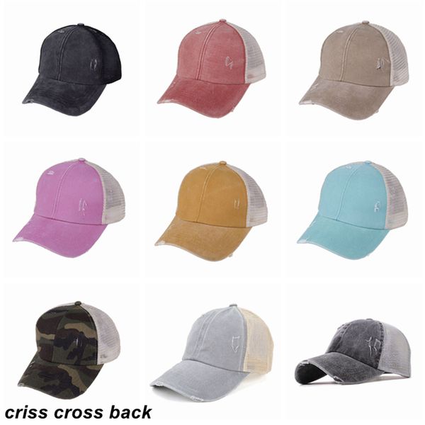 Criss Cross Ponytail CHAPE MESH Back Ponytail Baseball Cap 10 couleurs lavé en désordre en désordre ponycaps camionneur chapeaux