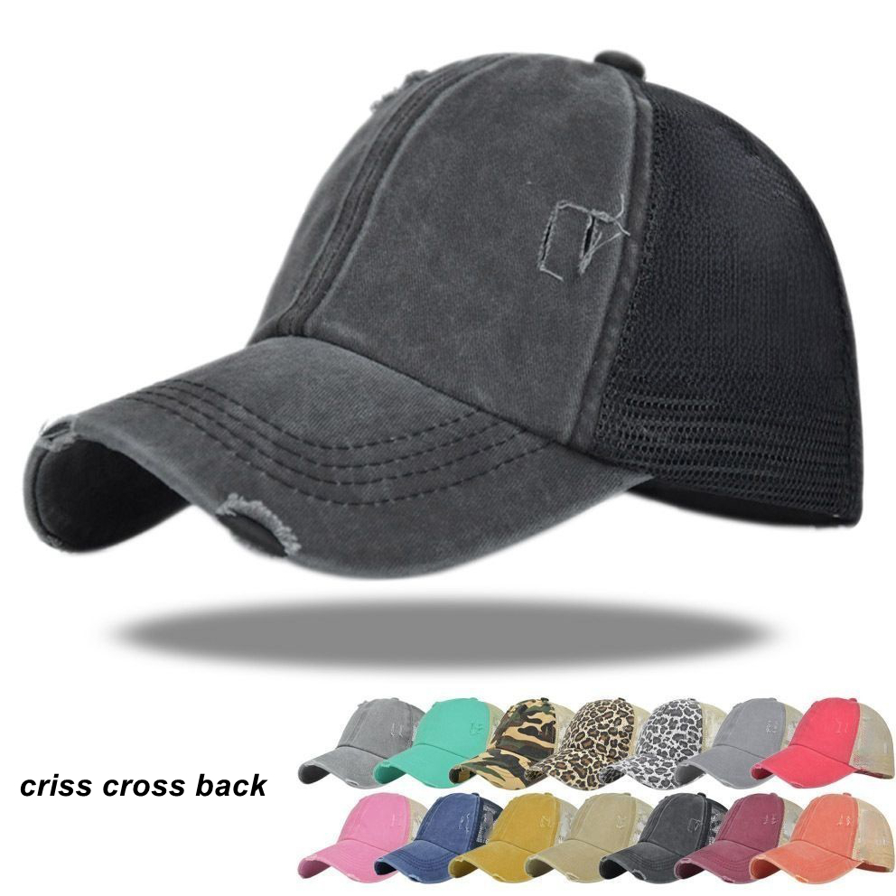 Brand: BunTrends
Type: Ponytail Trucker Cap
Specs: Washed Distressed Mesh Back 
Keywords: Criss Cross, Messy Bun, Baseball 
Points: Adjustable, Breathable, Stylish 
Features: Secure Fit for Ponytail, Sun Protection 
Application: Sports, Outdoor Activities