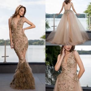 Cristallini 2024 prom jurken Sexy Deep V Neck Lace Appliques Beads Feather Mermaid avondjurken afneembare trein speciale gelegenheid jurk