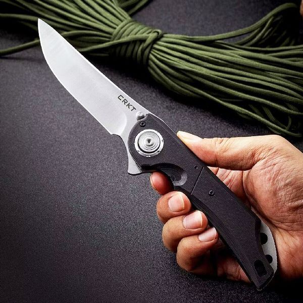 CRKT5401 Grand couteau pliant Flipper D2 Satin Drop Point Lame G10 / Poignée en tôle d'acier inoxydable Roulement à billes Couteaux de poche EDC à ouverture rapide avec boîte de vente au détail