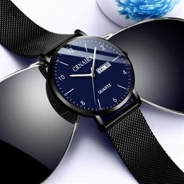 Crnaira Banda de malla de acero negro Relojes de cuarzo para hombre Reloj con calendario luminoso Diseño de tres manecillas grandes Diseño informal de negocios con estilo M239h