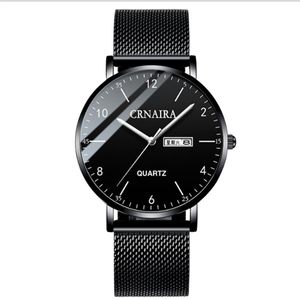 Crnaira Black Steel Mesh Band Quartz Heren Horloges Lichtgevende Kalender Horloge Grote Drie Handen Casual Business Stijlvolle Man Wristwatches2433