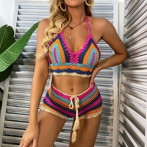 Haak Bikini Sets Multi Color Gebreide Rainbow Gestreept Off Shoulder Top + Bodem Beachwear Badpak Dames Badpak 220408