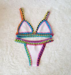 Gehaakte bikini badmode vrouwen sexy gebreide patchwork handgemaakte neopreen Boho Beachwear badpak badpak Braziliaanse Biquini 6139