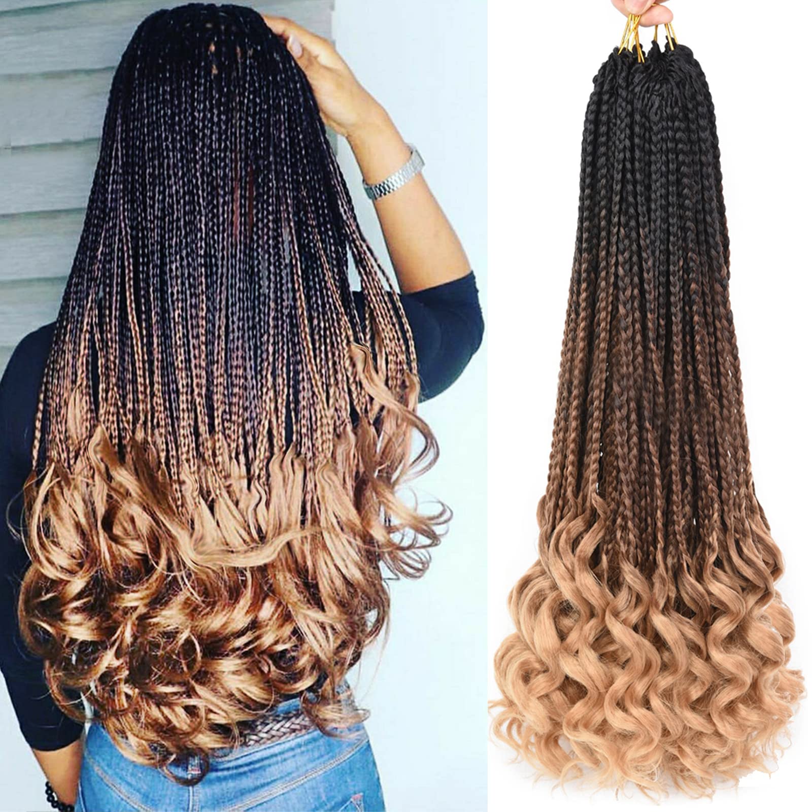 Crochet Box Braids With Curly Ends Mixed Ombre Black Blonde Synthetic Braiding Hair Extensions 3X Box Braids 22Strands/pack