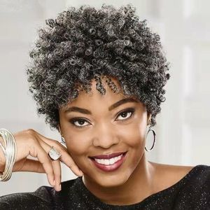 Haakvlechten Krullend Bladerdeeg Paardenstaart Trekkoord Natuurlijke Zwart Grijze Verleng Korte Afro Kinky Curl Grey Hairsnes Dames Haren Toupe Menselijk Haar Topper 120G