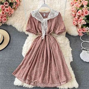 Crochet Cape + Sweet Dress Dames Elegante korte mouw Hoge taille A-lijn geplooide vestidos vrouwelijke zomer 210519