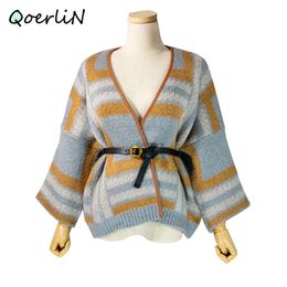 Haak Chunky Sweater Cardigan Winter Dames Elegante V-hals Losse Warm Uitloper Geometrische Knitwear Met Riem 210601