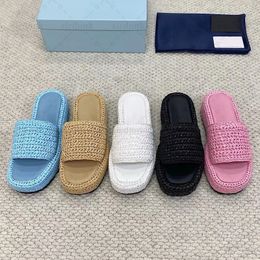 Crochet Flatform Slides Femmes Raphia Slipper Métal Trigonum Sandales Summer Pool 35mm Plate-forme Sandale Pour Laides Plaque Tissé Slip-on Naturel Noir Rose Mules