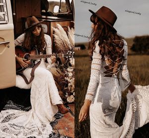 Haak Kant Bohemian Trouwjurken Lace Up V-hals Lange mouwen Bruidsjurken Opvallende Dreamy Engagement Towns Abiti da SPOSA