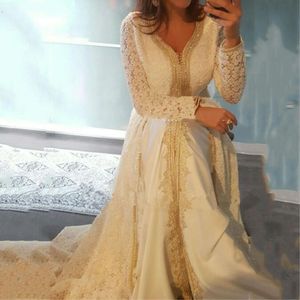 Haak Kant Marokkaanse Caftan Avondjurken V-hals Lange mouw Gouden Applicaties Arabische Moslim Plus Size Prom Dress Roekjes