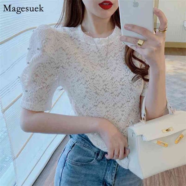 Blusas de mujer blancas con mangas abullonadas de encaje de ganchillo, camisa de mujer delgada Vintage coreana de verano con cuello redondo, Tops transparentes a la moda para niñas 13944 210512