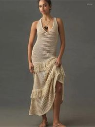 Crochet Maxi Robe Cover Up Femmes Cross Backless Sundress Summer Imprimé en tricot Bohemian Bohemian Swimwear Ups Vestido