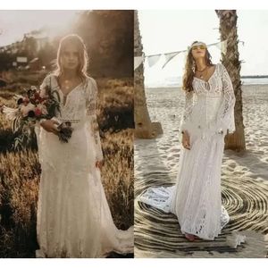 Haakbruiloft Vintage -jurken kant met lange mouw V nek zeemeermin hippie westers land cowgirl bohemian bruid jurken gdf