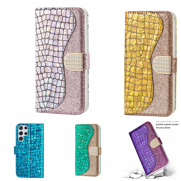 Étuis portefeuille en cuir de crocodile pour Samsung Galaxy S23 Ultra Plus A54 A34 A14 5G A24 4G Bling luxe serpent paillettes diamant hybride fente pour carte d'identité pochette de couverture à paillettes scintillantes