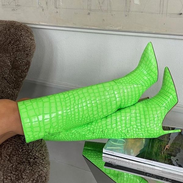 Botas hasta la rodilla con estampado de cocodrilo para mujer, botas con punta estrecha y tacón de aguja verde neón, zapatos de banquete de pasarela para mujer