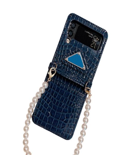 Étuis de téléphone à motif Crocodile pour Samsung Galaxy Z Flip 3, étui en cuir de luxe avec chaîne de perles, bracelet pour femmes, Samsung Galaxy4518090