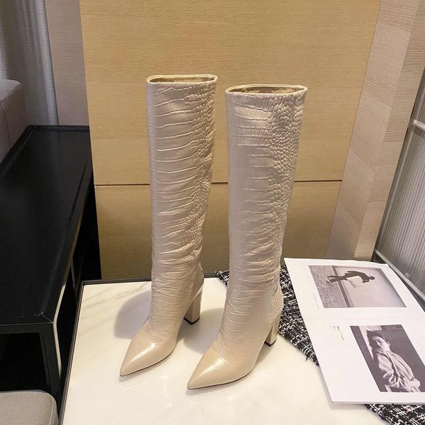 Botas de tacón delgadas con estampado de cocodrilo, botas para mujeres simples y elegantes, botas altas de rodilla, simples y versátiles.