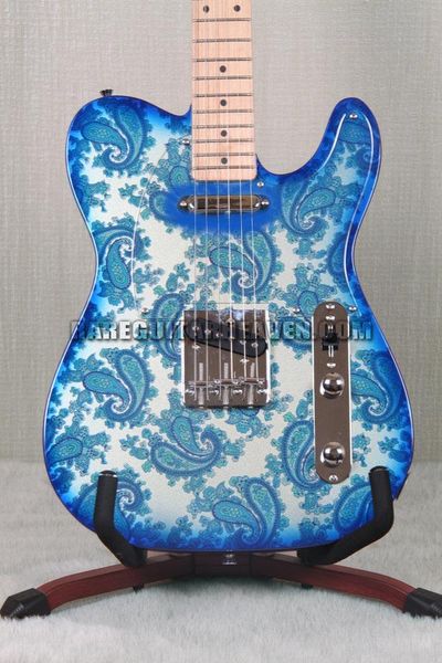 Guitare électrique Brad Paisley Signature Blue Sparkle Paisley, manche en érable, pickguard transparent, matériel chromé