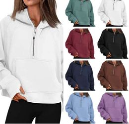 Sweats à capuche courts pour femmes Sweats à capuche pour femmes Lulu Scuba Sweats à capuche surdimensionnés demi-zip Sweat-shirts courts en polaire vêtements de sport avec poches trou pour le pouce l44444