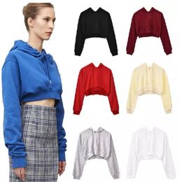 Crop Hoodies voor dames Effen damessweatshirt met capuchon, lange mouwen, sexy korte crop-top hoodie